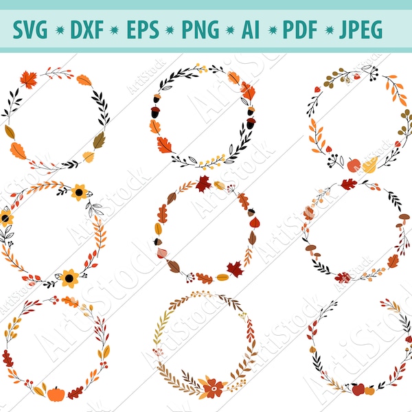 Autumn Wreath Svg, Floral wreath svg, Thanksgiving Svg, Fall wreath Svg, Fall Wreath Clipart, Offset circle Svg, Flower Monogram frame, Eps