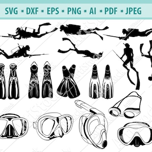 Puede incluir: Ilustraciones en silueta en blanco y negro de equipo de buceo, incluyendo aletas, máscaras y un fusil de pesca submarina.  SVG DXF EPS PNG AI PDF JPEG