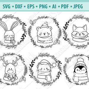 Animaux de Noël Svg, Couronne de Noël svg, Clipart de Noël, Animaux avec couronne florale Svg, Vacances svg, Couronne de Noël Svg, Png, Eps