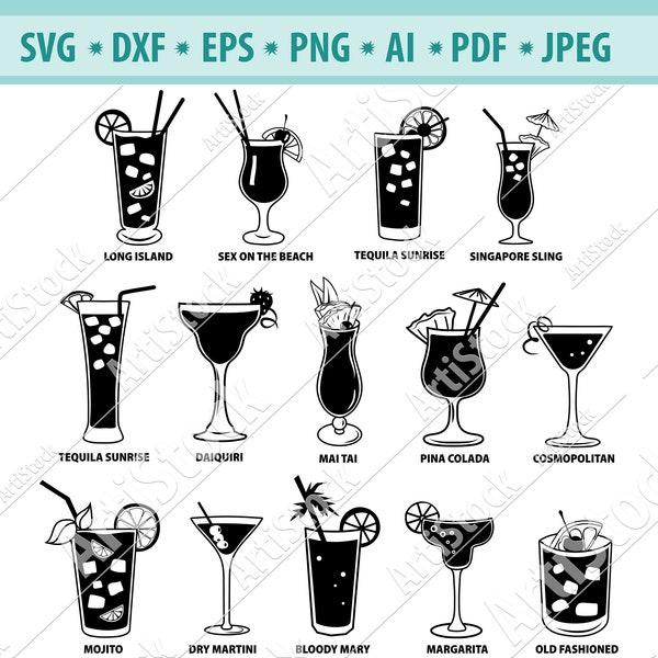 Cocktail SVG, Mojito SVG, Alcoholic drinks SVG, Cocktail Clipart, Cocktail Party Svg, Files for Cricut, Cocktail Cut Files, Dxf, Png, Eps