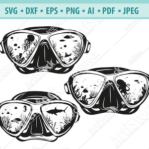 Scuba Diver Maske SVG, Unterwasserwelt SVG, Taucher Maske mit Meeresszene svg, Scuba Gear svg, Scuba Mask Clipart, Tauchen Png, Eps, Dxf, Vektor