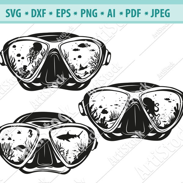 Scuba Diver Mask SVG, Underwater world svg, Diver mask with sea scene svg, Scuba Gear svg, Scuba Mask Clipart, Diving Png, Eps, Dxf, Vector