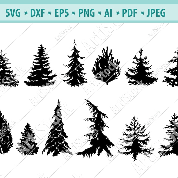 Pine tree Svg, Forest Svg, Christmas tree Svg, Spruce tree Svg, Fir tree Svg, Nature Svg, Tree silhouette, Trees Svg, Svg Cut file, Eps, Dxf