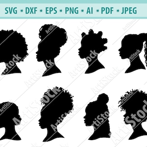 アフロ女性 SVG、女性の頭 SVG、アフロヘア SVG、黒人女性 SVG、アフロ女性の頭のクリップアート、女性の顔のシルエット、cricut 用ファイル、Png、Eps