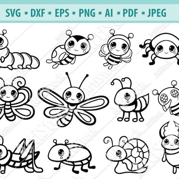 Bugs SVG, Cute Insect Cutting Templates, Baby insects svg, Insects silhouette Svg, Bugs Clipart, Insects cut file,Vector Clip Art, SVG, PNG,