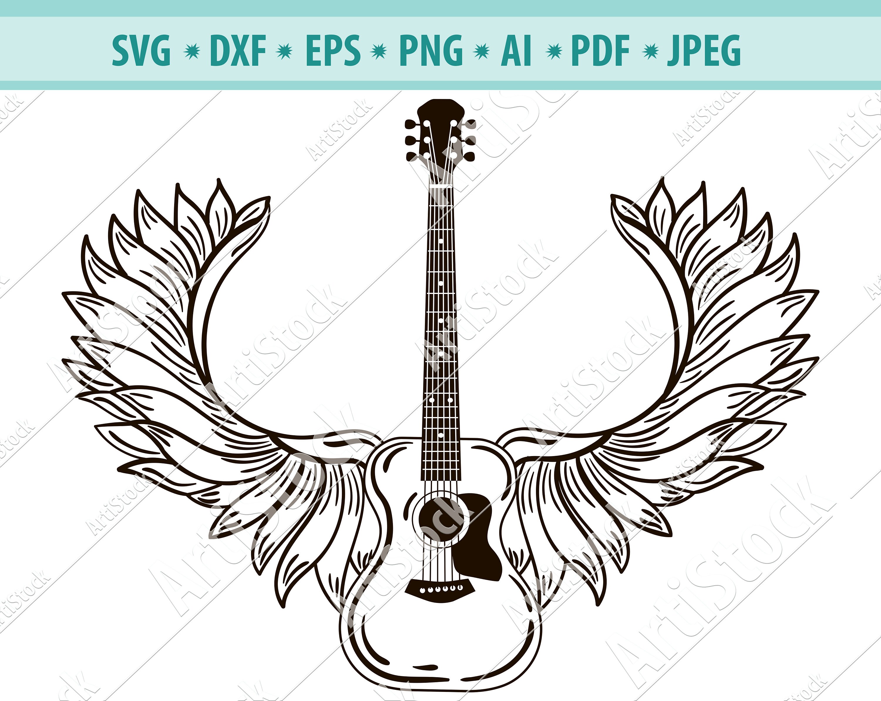 Acoustic Guitar Wings Guitar Rock and Roll Silhouette Svg - Etsy