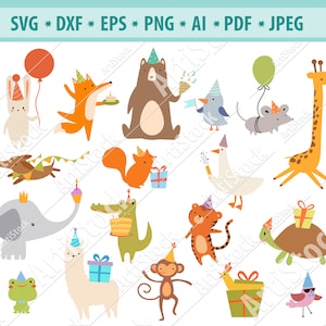 Animal de festa Svg, Animais de estimação de feliz aniversário Svg, Aniversário Svg, Animais de aniversário Svg, Animais de desenho animado Svg, Dxf, Png, Silhueta, Arquivos de corte Svg, Eps