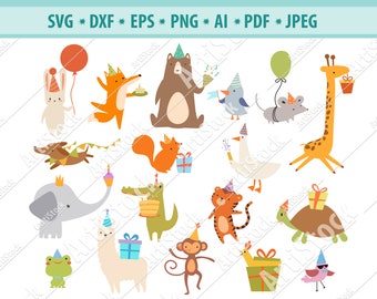 Partei Tier Svg, alles Gute zum Geburtstag Haustiere Svg, Geburtstag Svg, Geburtstag Tiere Svg, Cartoon Tiere Svg, Dxf, Png, Silhouette, Svg schneiden Dateien, Eps