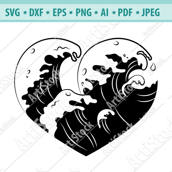 Heart SVG file, Ocean wave heart SVG, Love Svg, Valentines day SVG, Waves Svg, Love Cricut, Heart Silhouette, Heart cut file, Eps, Dxf, Png