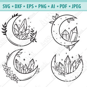 Crescent moon Svg, Moon crystal Svg, Moon svg, Boho Svg, Files for cricut, Celestial svg, Floral moon svg, Crystal svg, Magic svg, Eps, Dxf