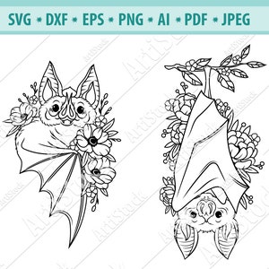 Kwiatowy nietoperz SVG, clipart nietoperza, kwiatowy nietoperz SVG, plik cięcia nietoperza, gotycki SVG, upiorny SVG, szczęśliwego Halloween SVG, kwiaty SVG, wektor, Eps, DXF, PNG