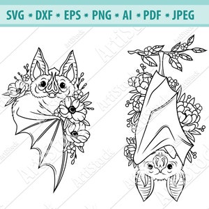 Flower Bat SVG, Bat clipart, Floral Bat Svg, Bat Cut file, Gothic Svg, Spooky Svg, Happy Halloween Svg, Flowers Svg, Vector, Eps, Dxf, Png