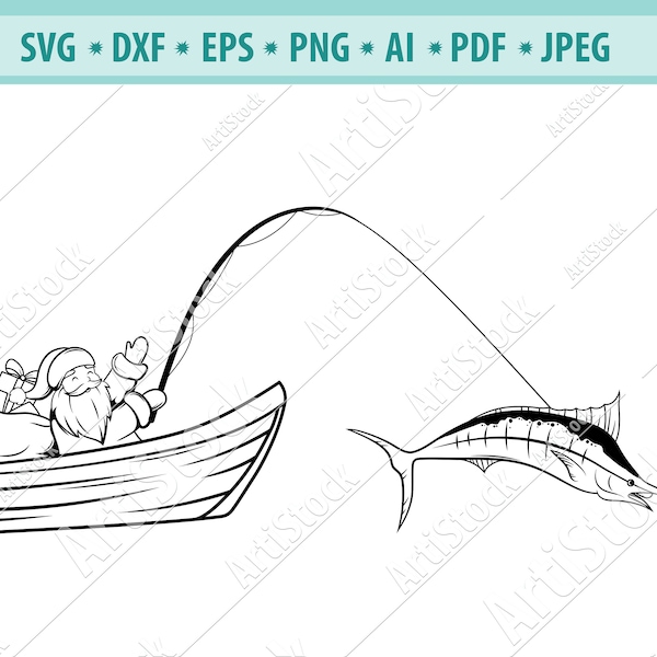 Santa Claus Svg, Santa fishing Svg, Christmas Svg file, Santa clipart, Holidays fishing Svg, Christmas Marlin fishing Svg, File for cricut