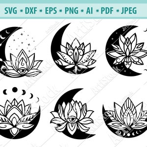 Lotus Moon Svg, Moon Phases Svg, Luna crescente floreale svg, Luna di Loto in fiore Svg, Moon Clipart, Celestial Svg, Lotus Svg, Silhouette, Eps