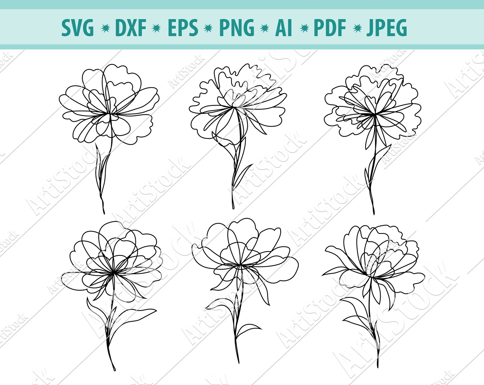 Peony Svg Flower Svg File Line Flower Svg Peonies Clipart Etsy