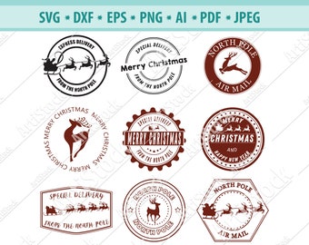 North pole, Santa Claus Seal, Christmas, Stamps, Mail,Express,Post,Delivery,Silhouette,SVG,Graphics,Illustration,Vector,Logo,Digital,Clipart