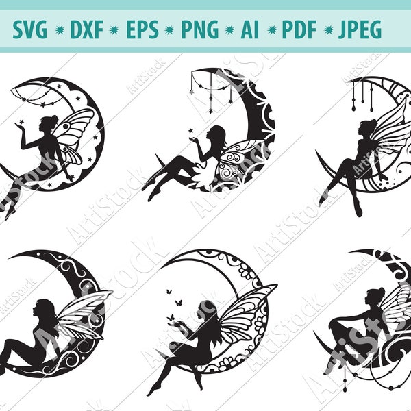 Mandala lune Svg fichier, Fairy Svg, Mandala Svg, Fairy clipart, Ethnic moon Png, Moon svg, Fairy mandala moon svg, Fairy silhouette, dxf, eps