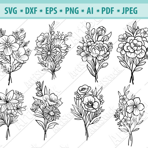 Flower SVG files, Bouquet SVG file, Bouquet of Flowers SVG, Flower cut files, Flower Cipart, Flower Bouquet, Floral Bouquet, Vector Png, Eps