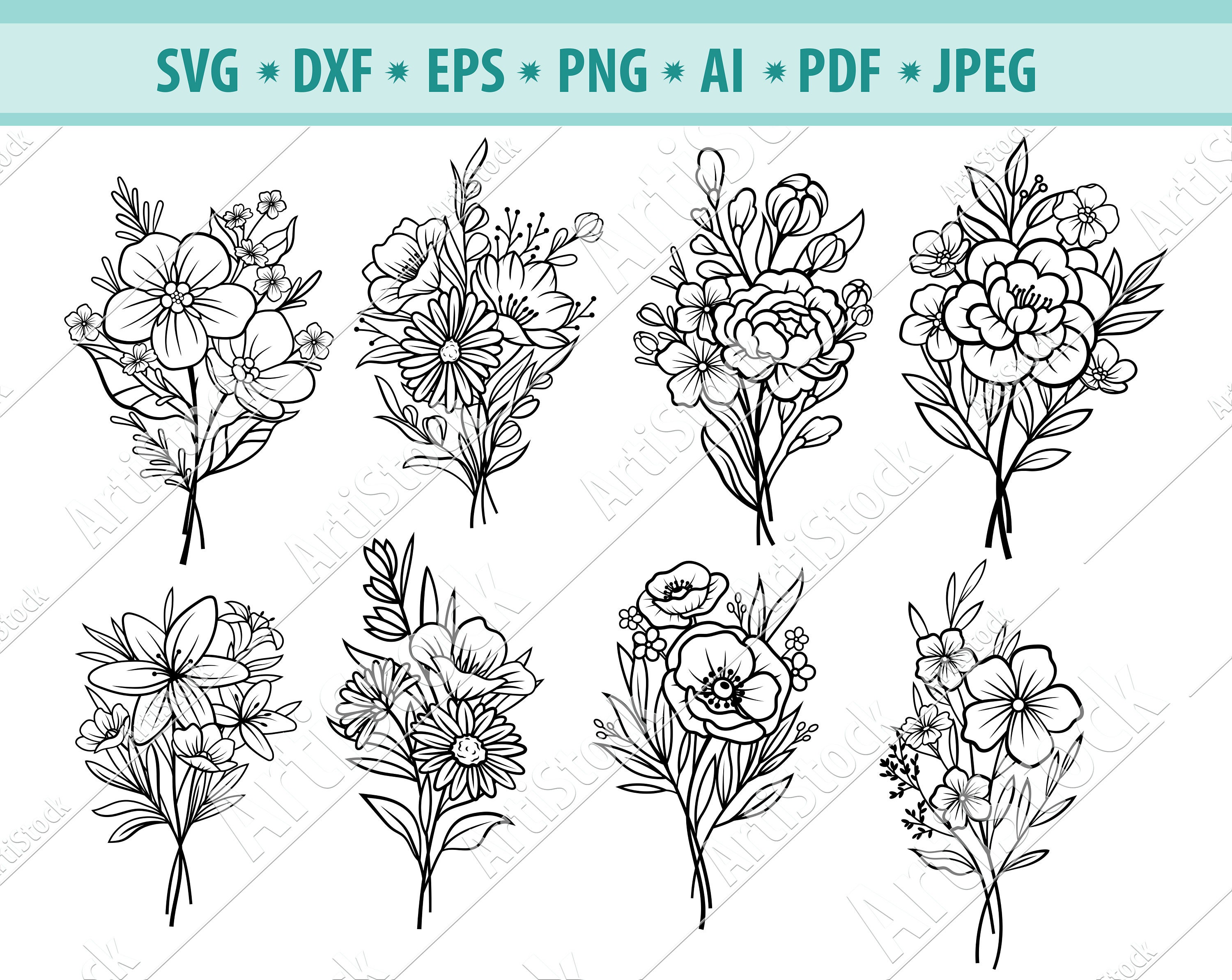Flower SVG files Bouquet SVG file Bouquet of Flowers SVG Etsy
