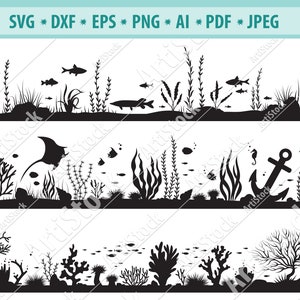 Zeetafereel Svg, Onderzeese met vis Svg, Koraalrif Svg, Zeewier Svg, Onderwater clipart, Zeeleven svg, Onderwaterwereld Svg, Eps, Dxf, Png