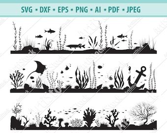 Sea scene Svg, Undersea with fish Svg, Corals reef Svg, Seaweed Svg, Underwater clipart, Sea life svg, Underwater world Svg, Eps, Dxf, Png