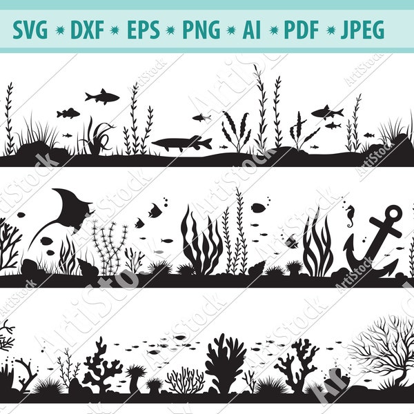 Sea scene Svg, Undersea with fish Svg, Corals reef Svg, Seaweed Svg, Underwater clipart, Sea life svg, Underwater world Svg, Eps, Dxf, Png