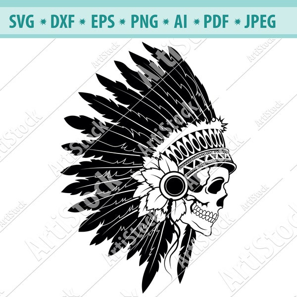 Indian Skull Svg, Head Dress, Indian skull in a headdress with feathers, .SVG .EPS .PNG Vector Clipart Digital Download Circuit Cut Cutting