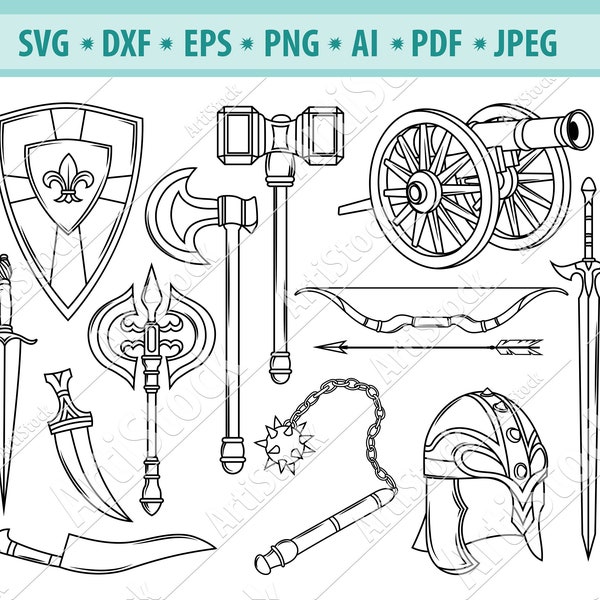 Arme médiévale Svg, Canon SVG, Épées de chevalier Svg, Casque médiéval Svg, Poignard Svg, Arc médiéval Svg, Bouclier guerrier Png, Eps, Vecteur