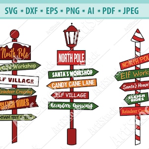 Panneau du pôle Nord de Noël Svg, Signe du Nouvel An Svg, Atelier du Père Noël Svg, Village elfe Svg, Fichier coupé Svg, Direction de Noël Png, Dxf, Eps, Jpg