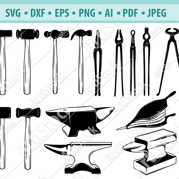 Forgeron Outils Svg, Anvil Svg, Hammer Svg, Forged Steel Svg, Metal Iron Tool Svg, Forge Svg, Iron equipment Svg, Tools Clipart, Dxf, Png