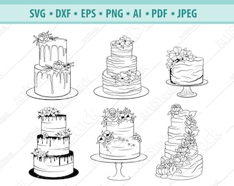 Cake Svg Bundle, Wedding Cake SVG, Tiered cake Svg, Cream cake Svg, Bridal Svg, Birthday cake svg, Svg Cut files, Silhouette, Png, Eps, Dxf