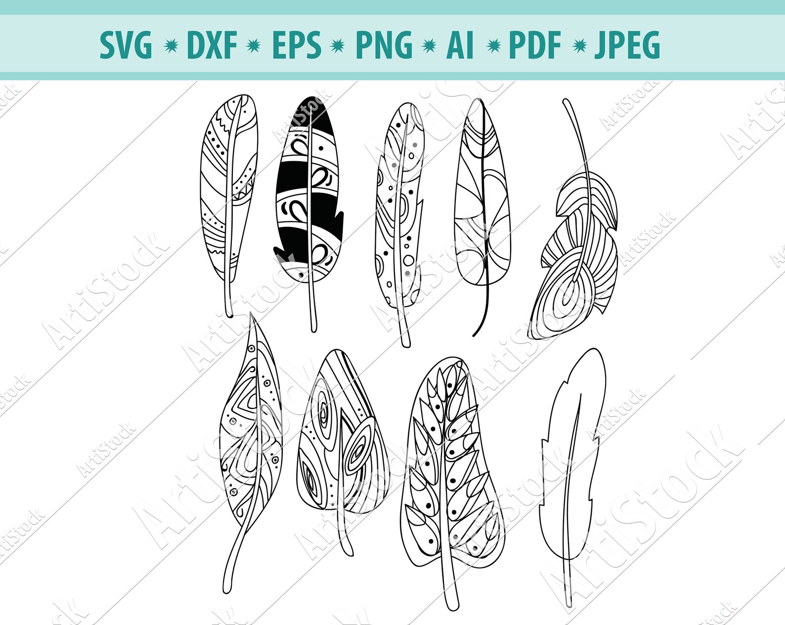 Hand Drawn Boho Feathers SVG, PNG, EPS, Dxf, Pdf for Cricut, Silhouette ...