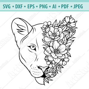 雌ライオンの頭 SVG、ライオンの花 SVG、野生の猫 SVG、ライオンのシルエット、雌ライオンの顔 SVG、花柄の雌ライオン SVG、SVG カット ファイル、ライオンのクリップアート、Eps、Png
