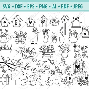 Gartenartikel SVG, Gartenarbeit SVG, Gartenwerkzeuge SVG, Vogelhaus SVG, Blumen SVG, Blumen Gießkanne SVG, Blumen Schubkarre SVG, Eps, Png
