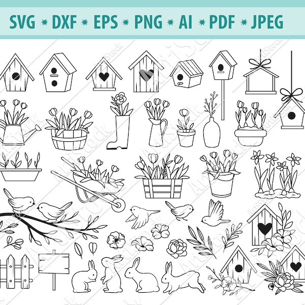 Garden items Svg, Gardening SVG, Garden Tools SVG, Birdhouse Svg, Flowers Svg, Flower watering can Svg, Floral wheelbarrow Svg, Eps, Png