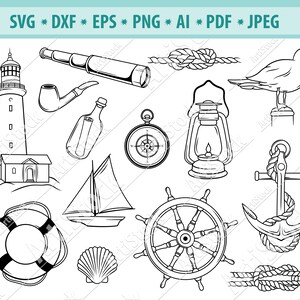 Pacchetto Nautico SVG, Clipart Nautico, Anchor Svg, Barca a vela SVG, Faro Svg, File per Cricut, Sea Life Svg, Lifebuoy Svg, Sララilhouette