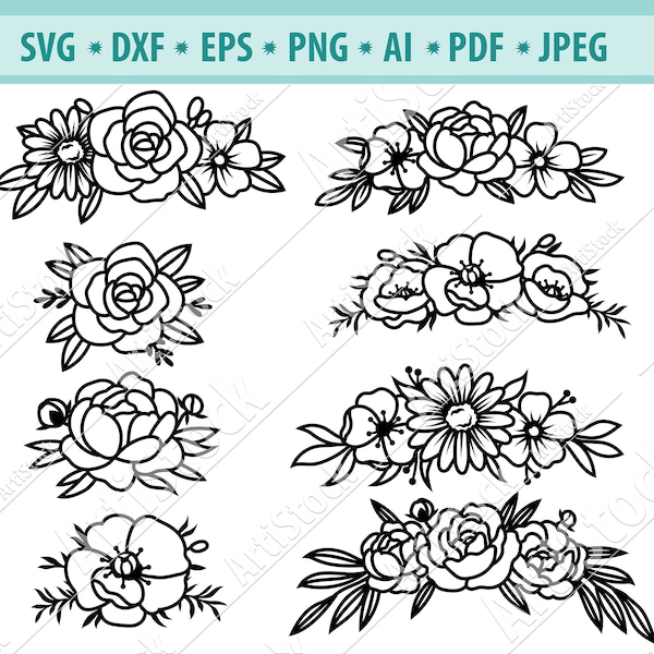 Flower SVG Files, Flower wreath Svg, Floral headband Svg, Flower Border Png, Flower cut file, Flower Frame, Silhoutte, Svg File for cricut