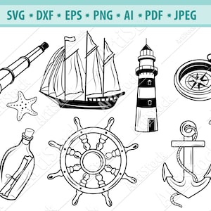 Puede incluir: Conjunto de imágenes prediseñadas náuticas en blanco y negro que incluye un barco, un faro, una brújula, un ancla, un timón, un telescopio, una botella con un mensaje y dos estrellas de mar.