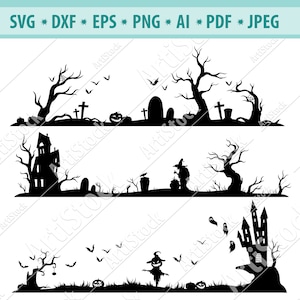 Eng kerkhof Svg, Halloween scène Svg, Spookhuis Svg, Halloween kostuum partij SVG, Pompoen silhouet, Halloween Decoratie Png, Dxf