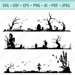 Scary graveyard Svg, Halloween scene Svg, Haunted house Svg, Halloween costume  party SVG, Pumpkin silhouette, Halloween Decoration Png, Dxf