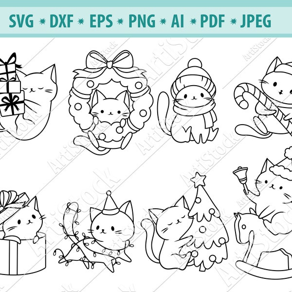 Chats de Noël Svg, Drôles de chats d’hiver Svg, Couronne de chat d’hiver svg, Fichiers de coupe de chat, Meowy Christmas Svg, Chaton de vacances Svg, Vecteur, Eps