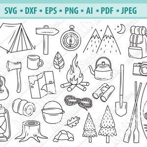 Camping Svg, Campfire Svg, Natur Svg, Camper Schaufel Svg, Camping Equiepment Svg, Wandern Svg, Anhänger Schnittdatei, Silhouette, Zelt Png, Eps