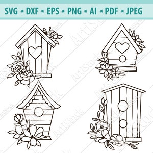 Birdhouse Svg, Birdhouse en bois Svg, Birdhouse avec des fleurs Svg, Flower Svg, Floral birdhouse Svg, Birdhouse clipart, Svg filet de coupe, PNG