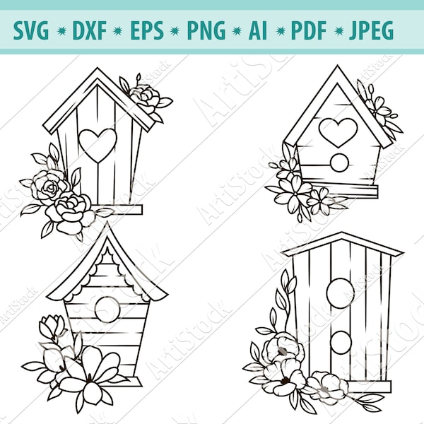 Birdhouse Svg, Wooden birdhouse Svg, Birdhouse with flowers Svg, Flower Svg, Floral birdhouse Svg, Birdhouse clipart, Svg cutting file, PNG