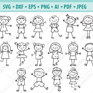 Stick kids Svg bundle, Cartoon kids Svg, Stick kids clipart, Happy kids Svg, Emotion kids Svg, Silhouette, Dxf, Eps, Children figures Svg