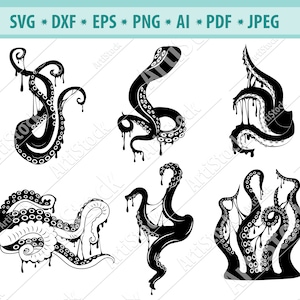 May include: Black and white octopus tentacles in various poses, with dripping accents. The image includes the text "SVG * DXF * EPS * PNG * AI * PDF * JPEG". These vector graphics are suitable for digital art projects.