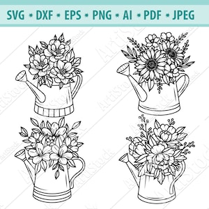 Arrosoir Svg, Waterin canette avec fleurs Svg, Bouquet de fleur Svg, Jardinage Svg, Fichier de coupe du pot d’arrosage floral, Fichiers pour cricut, Eps