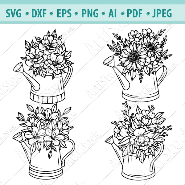 Watering Can Svg, Waterin can with flowers Svg, Bouquet of flower Svg, Gardening Svg, Floral Watering Can cut file, Files for cricut, Eps