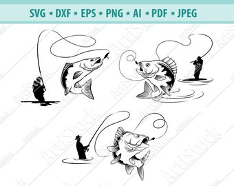 Bass Fishing Svg, Bass Fishing Pole Svg, Fishing Svg, Fishing Hook Svg, Fishing Cut File, Fisherman svg, Bass Clipart, Eps, Dxf, Silhouette