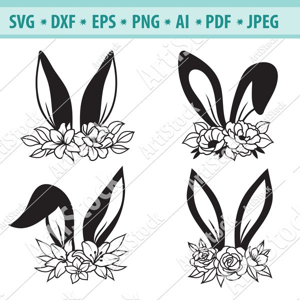 Rabbit ears Svg, Rabbit Svg, Flower headband Svg, Easter bunny svg, Bunny Svg, Rabbit clipart Svg, Svg Cricut Files, Easter svg, png, dxf
